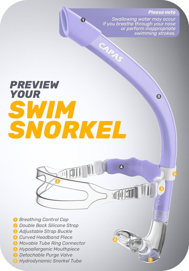 Capas Training Swim Snorkel for Lap Swimming, Swivel Headband Ultimate Fit Center-Mount Swimmers Snorkel with Liquid Silicone Mouthpiece Adjustable Strap, Designed for Adult Men Women - Image 2